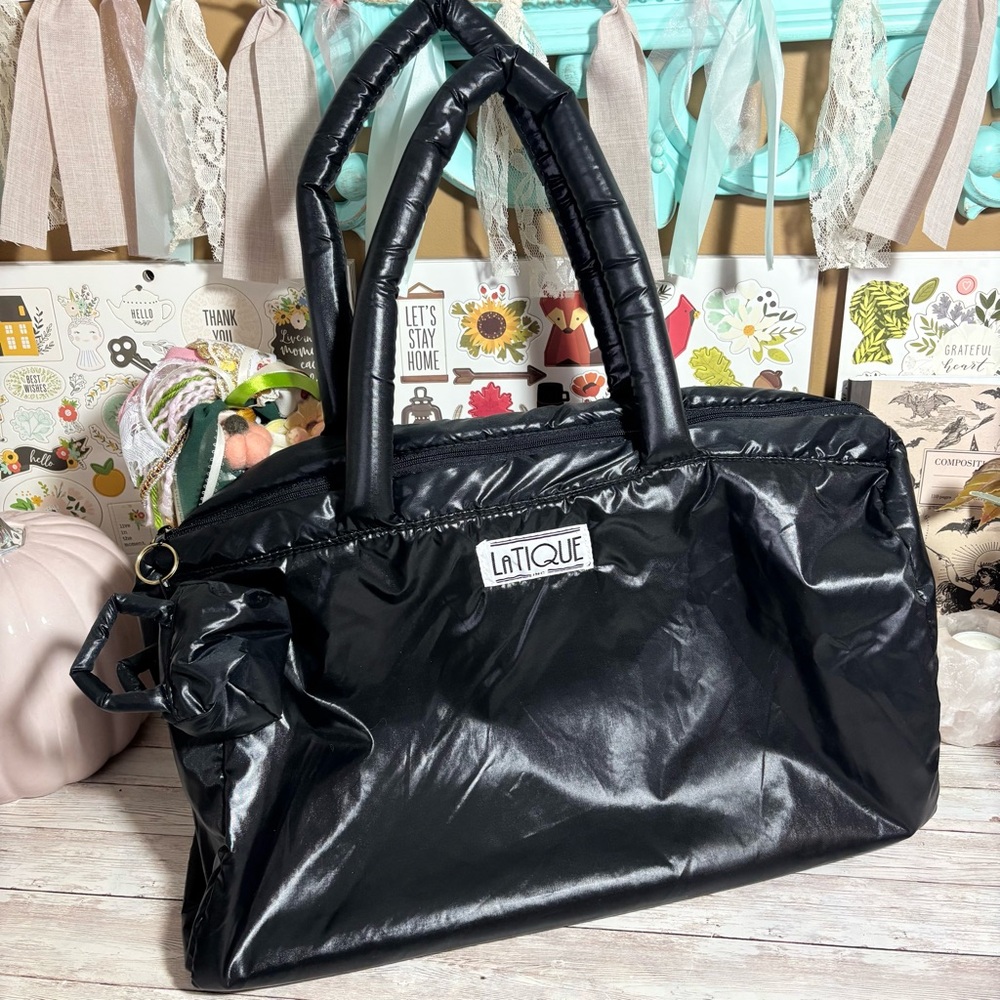 Vintage 80s LaTique Black Puffy Nylon Tote Bag Duffle Gym & Mini Keychain Bag